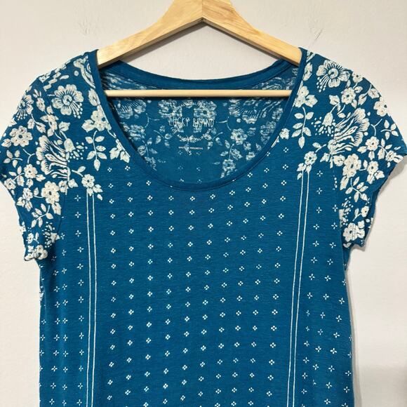 Lucky Brand Women's Top Small Blue Boho Linen Floral Print Short Sleeve Hippie - Picture 7 of 10